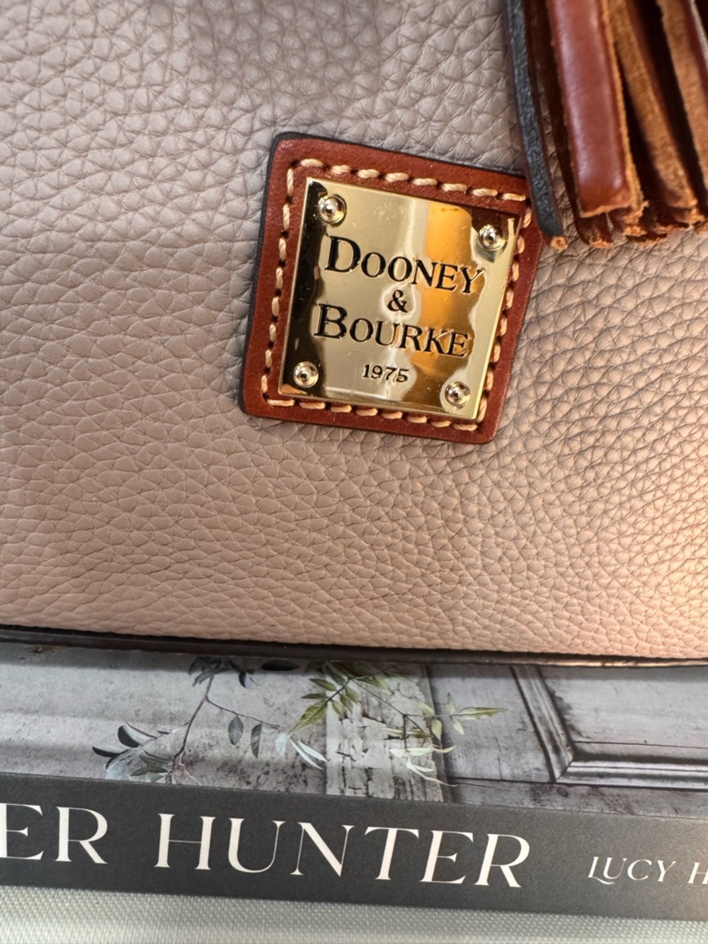 Dooney & Bourke Taupe Pebbled Leather Drawstring Bucket Bag with Brown Trim - Picture 2 of 5